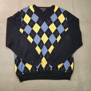 Brooks‎ Brothers Sweater Men's L Blue Yellow Argyle Cotton Silk Cashmere V-Neck